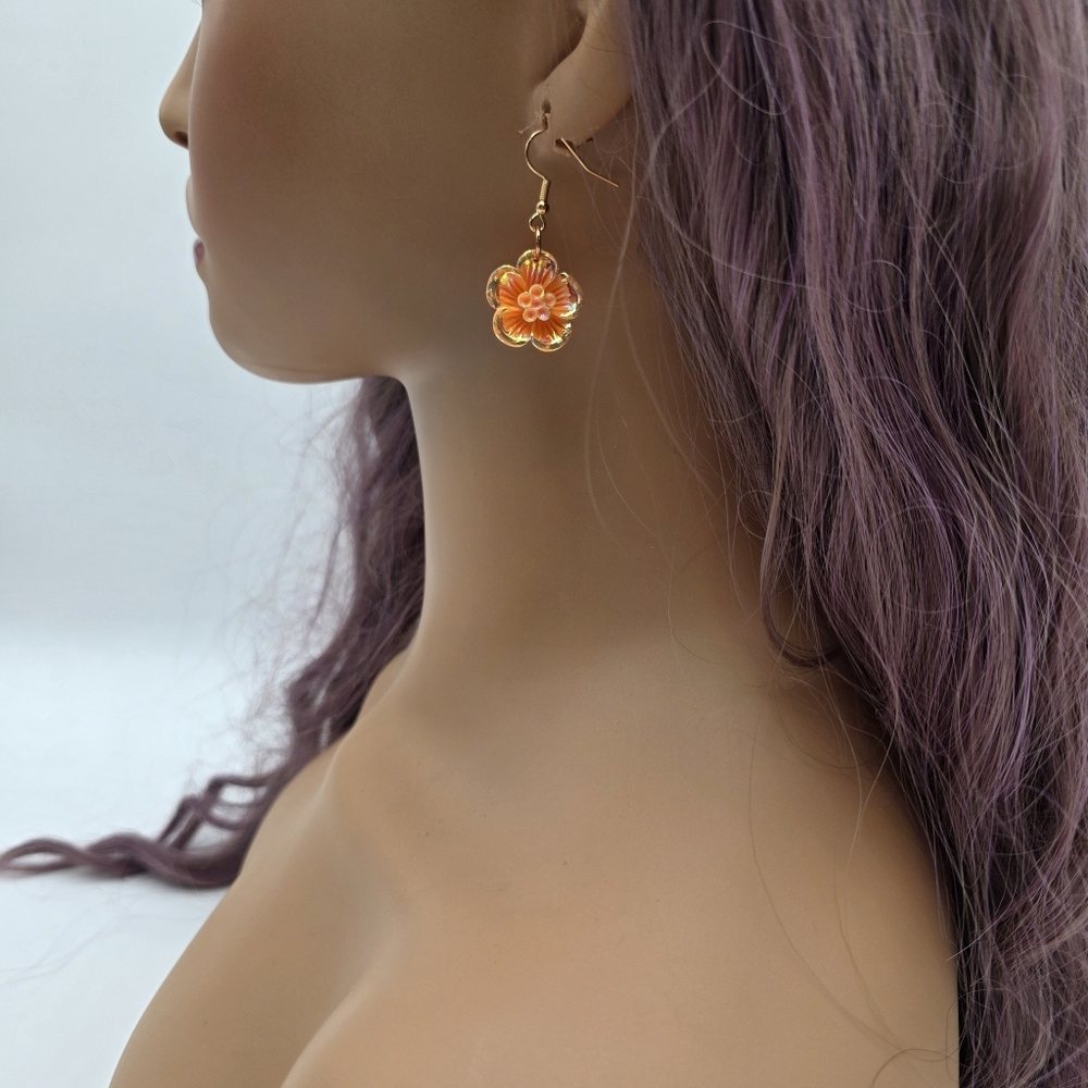 Handmade Orange Floral Earrings – Bright Flower Dangle Jewelry - Picture 5 of 5